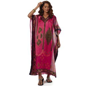 Hot Pink Print Silky Long Caftan One Size NEW